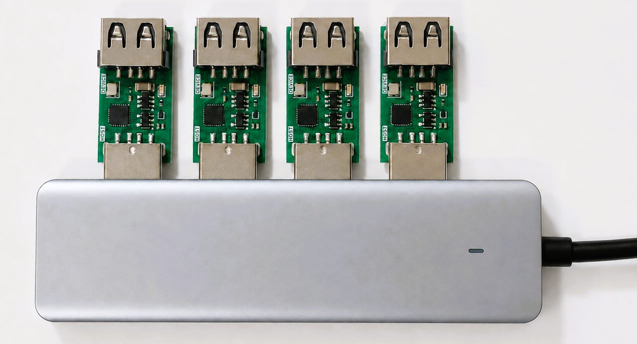 Four PL-USB20-SW1 modules connected to a USB hub